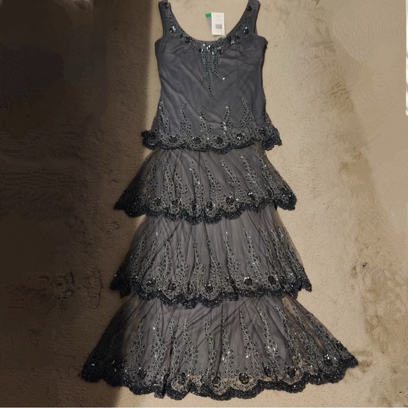 Stenay Dresses & Skirts - Stenay Black Gray Beaded Tiered Dress Scalloped Floral Gown